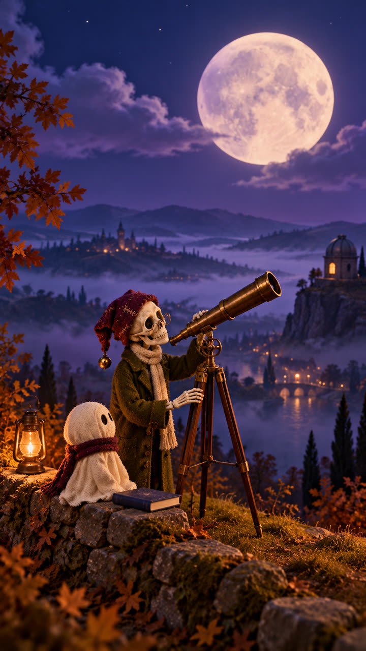 A skeleton in a scarf leans over a brass telescope on a hilltop, a huge moon over a misty valley